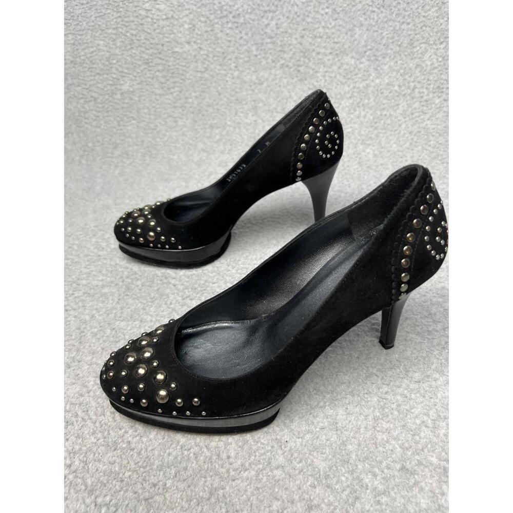 Stuart Weitzman 7M High Heel Studded Black Suede Platform Silver Studs Pumps - Picture 3 of 9